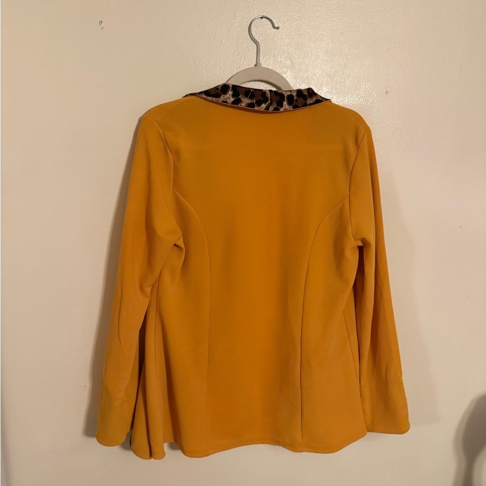 Hesed Mustard Yellow Brown Leopard Trim Open Front Cardigan Blazer Size S - Picture 4 of 6
